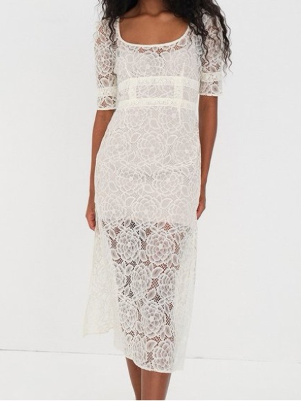 For Love & Lemons Marilyn Full Lace Ivory Midi Dress + Removable Slip Size L NWT